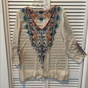 Johnny Was Beige Tunic with Colorful Embroidery